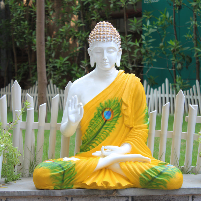 Wonderland 2ft Ashirvad Avastha Buddha Resin Statue, showpiece, Gift (Yellow & Green)