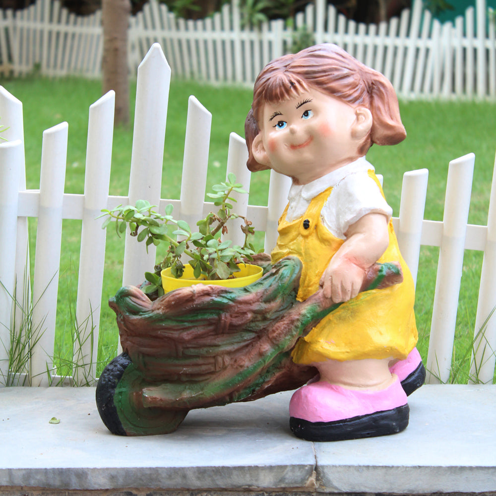 Girl Pushing Trolley with Pot for Garden, Balcony or Outdoor Decor (Yellow)