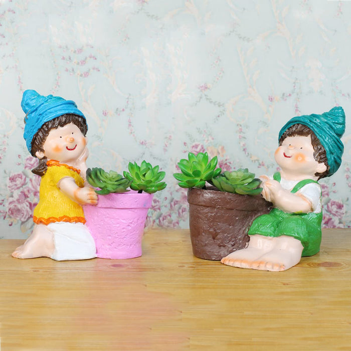 (Set of 2) Resin Gril & boy Planter Pot for home and garden decor