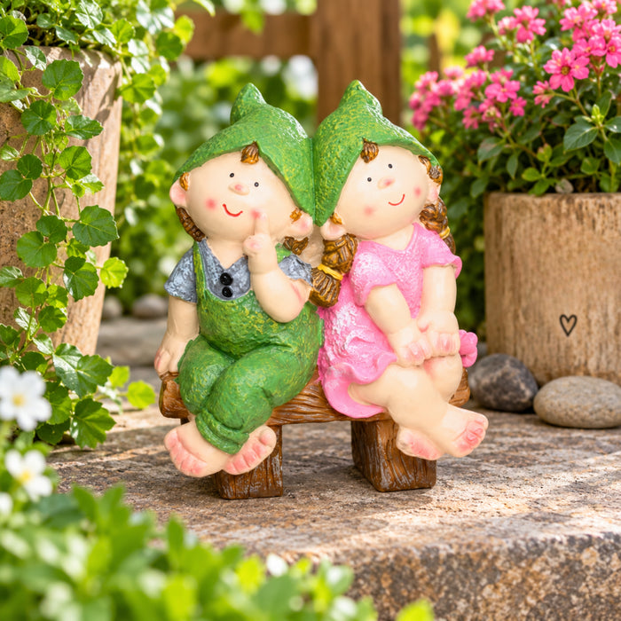 Wonderland Resin Two Elves sitting on Bench 1 (Green & Pink)|Adorable Kids Sculpture for balcony and home décor