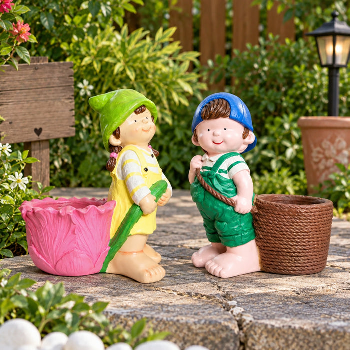 (Set of 2)  Standing Girl & Boy Planter for Home and Garden Decor