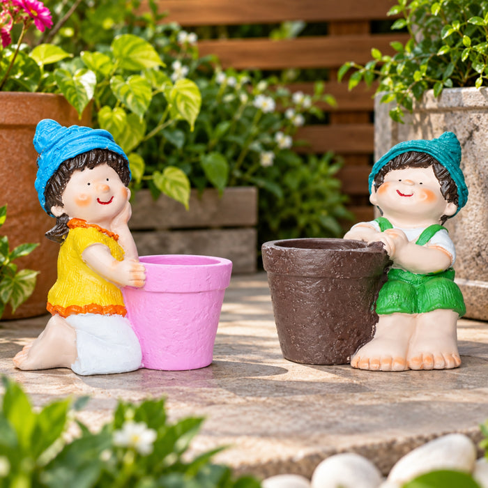 (Set of 2) Resin Gril & boy Planter Pot for home and garden decor