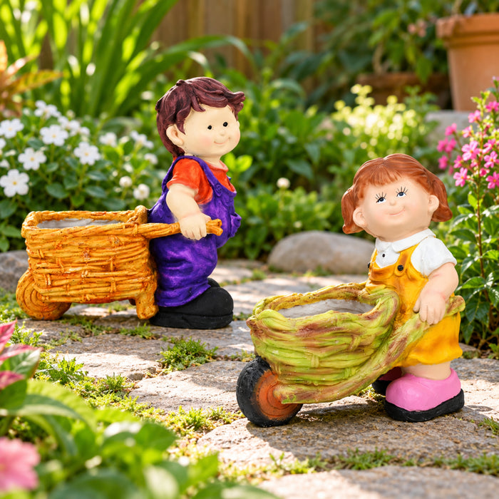 Boy & Girl Pushing Cart Planter for Garden Decoration