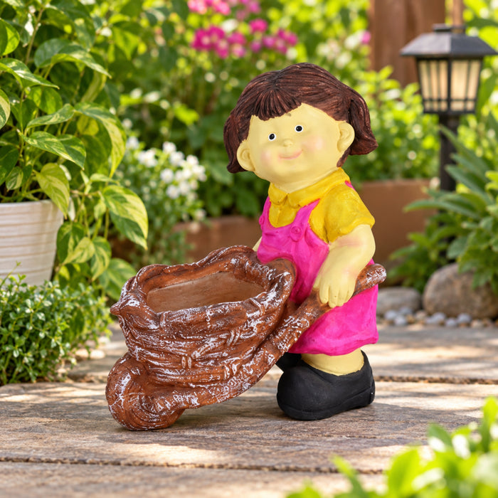 Girl Pushing Trolley Pot Planter for Garden Decoration