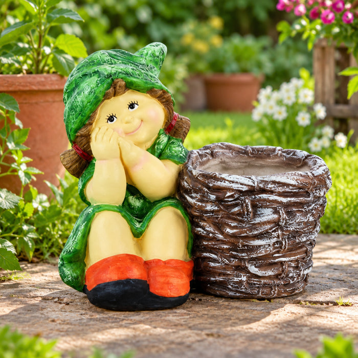 Girl with Pot for Garden and Balcony Decoration (Dark Green)