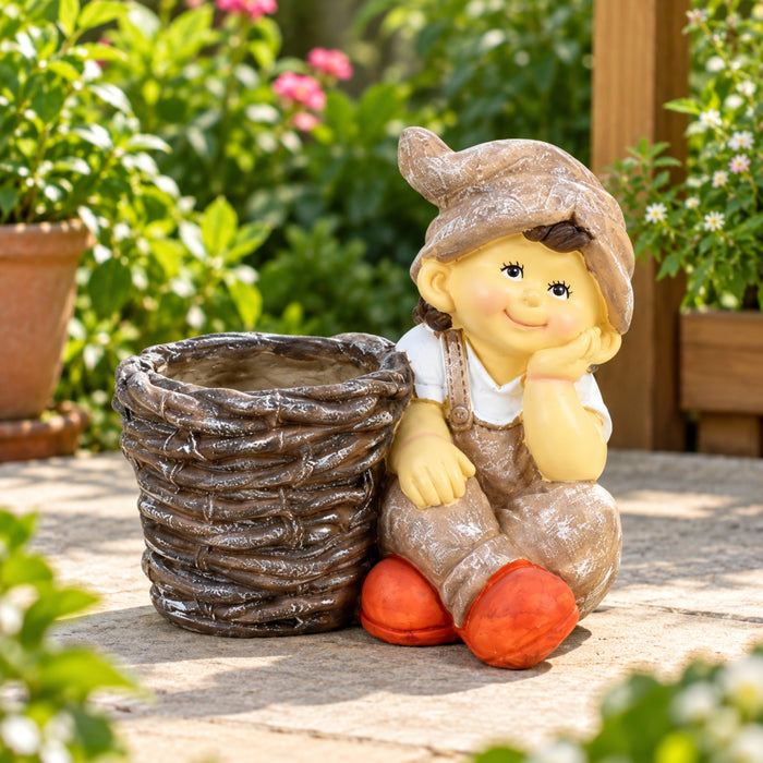 Boy with Pot for Garden and Balcony Decoration (Light Brown)