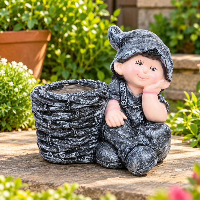 Boy with Pot Planter for Balcony and Garden Decoration (Dark Grey)