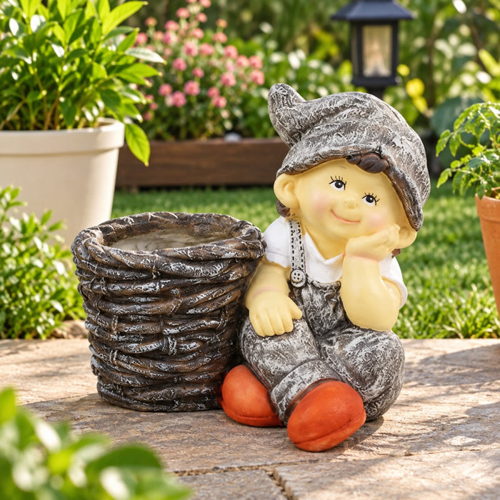 Boy with Pot for Garden and Balcony Decoration (Light Grey)