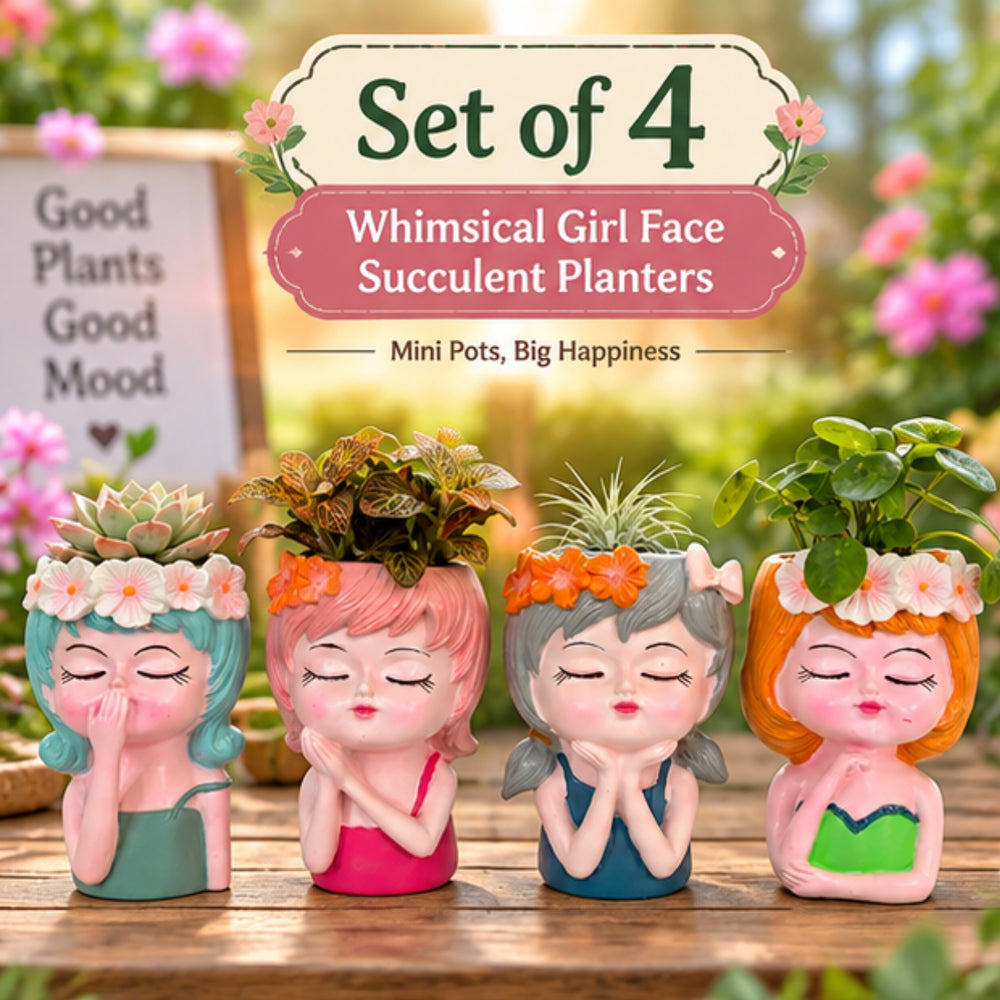 6 inch Set of 4 Whimsical Girl Face Succulent Planters – Cute Resin Head Flower Pots