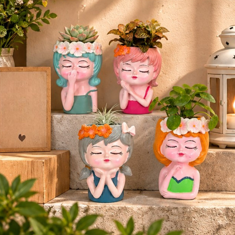 6 inch Set of 4 Whimsical Girl Face Succulent Planters – Cute Resin Head Flower Pots