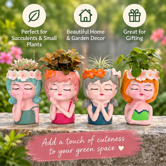 6 inch Set of 4 Whimsical Girl Face Succulent Planters – Cute Resin Head Flower Pots
