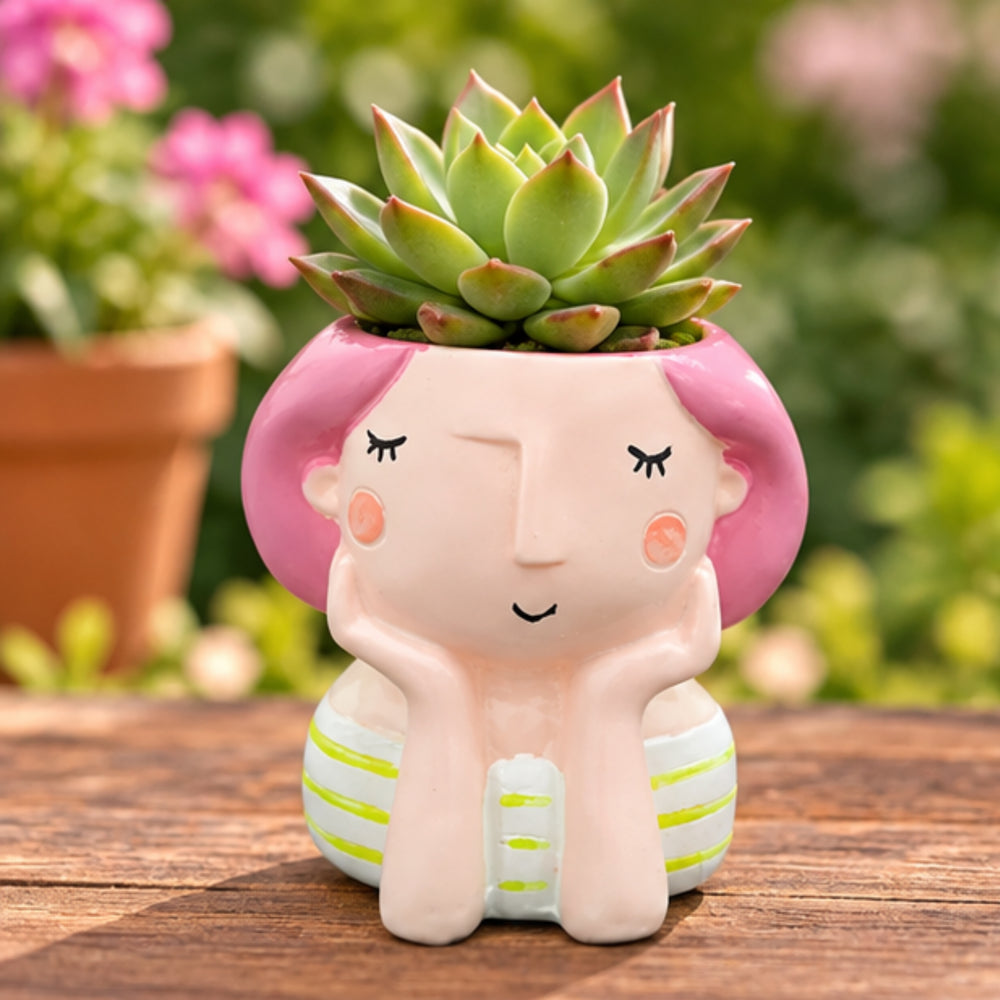 3.8 inch Whimsical Pink Hair Girl Face Planter – Cute Resin Head Pot for Succulents
