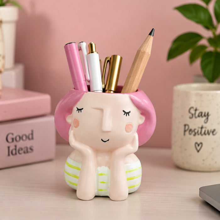 3.8 inch Whimsical Pink Hair Girl Face Planter – Cute Resin Head Pot for Succulents