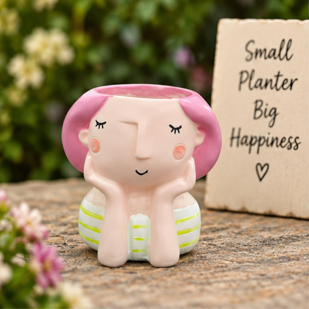 3.8 inch Whimsical Pink Hair Girl Face Planter – Cute Resin Head Pot for Succulents