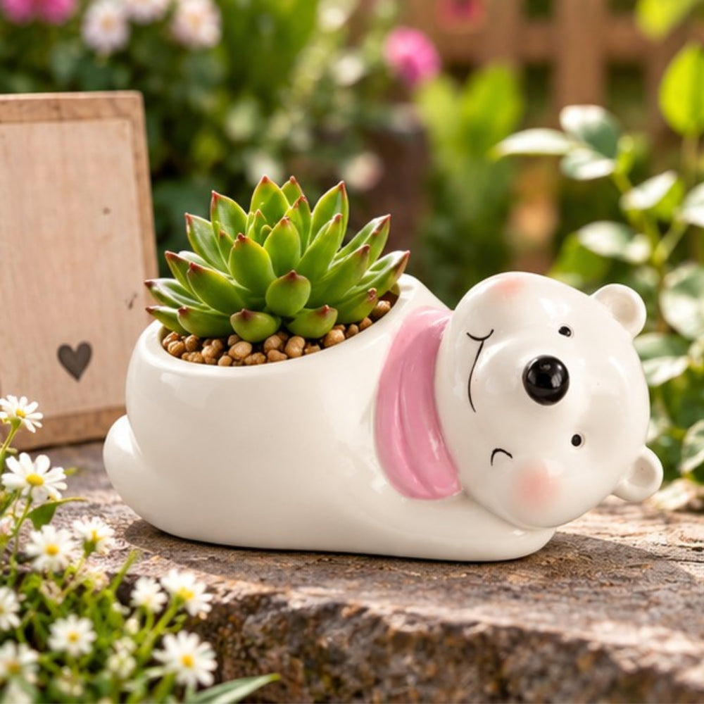 Wonderland 3 inch Hand-Painted Ceramic Polar Bear Succulent Planter – Cute Animal Mini Flower Pot with Pink Scarf Accent for Indoor Décor-6x3x3 inch(Plant Not Included)
