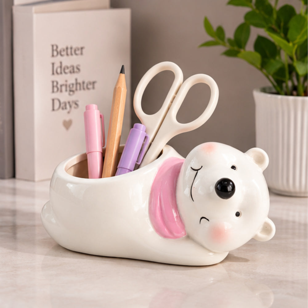 Wonderland 3 inch Hand-Painted Ceramic Polar Bear Succulent Planter – Cute Animal Mini Flower Pot with Pink Scarf Accent for Indoor Décor-6x3x3 inch(Plant Not Included)
