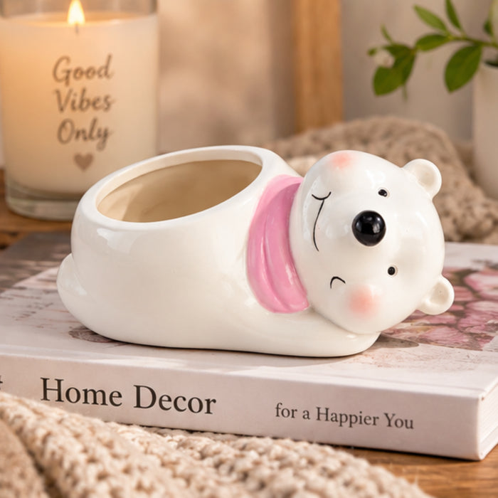Wonderland 3 inch Hand-Painted Ceramic Polar Bear Succulent Planter – Cute Animal Mini Flower Pot with Pink Scarf Accent for Indoor Décor-6x3x3 inch(Plant Not Included)