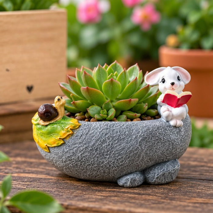3 Inch Whimsical Reading Bunny & Snail Resin Succulent Planter
