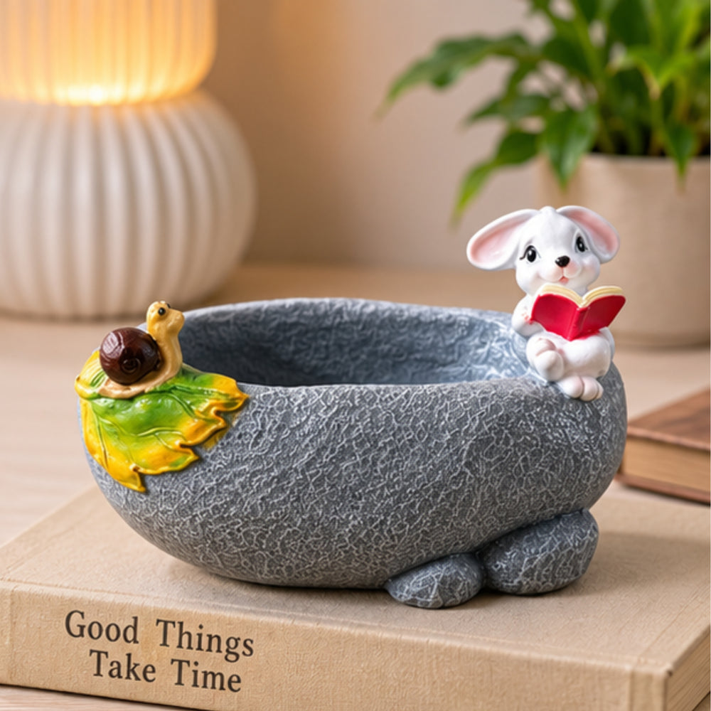 3 Inch Whimsical Reading Bunny & Snail Resin Succulent Planter