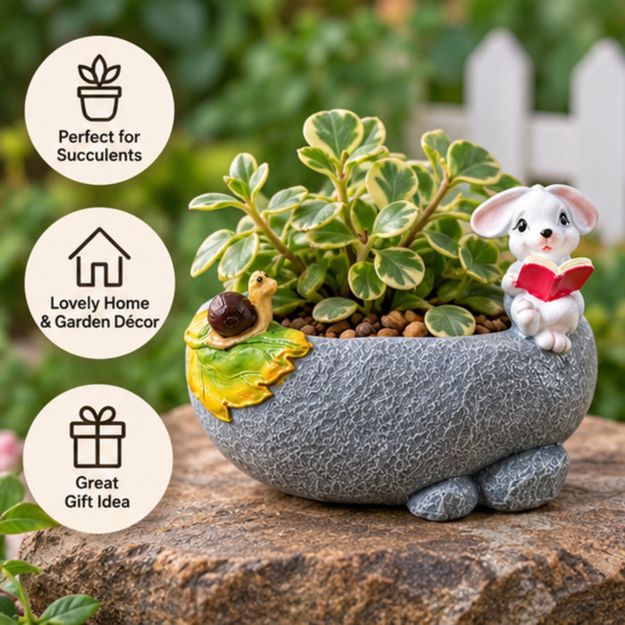 3 Inch Whimsical Reading Bunny & Snail Resin Succulent Planter