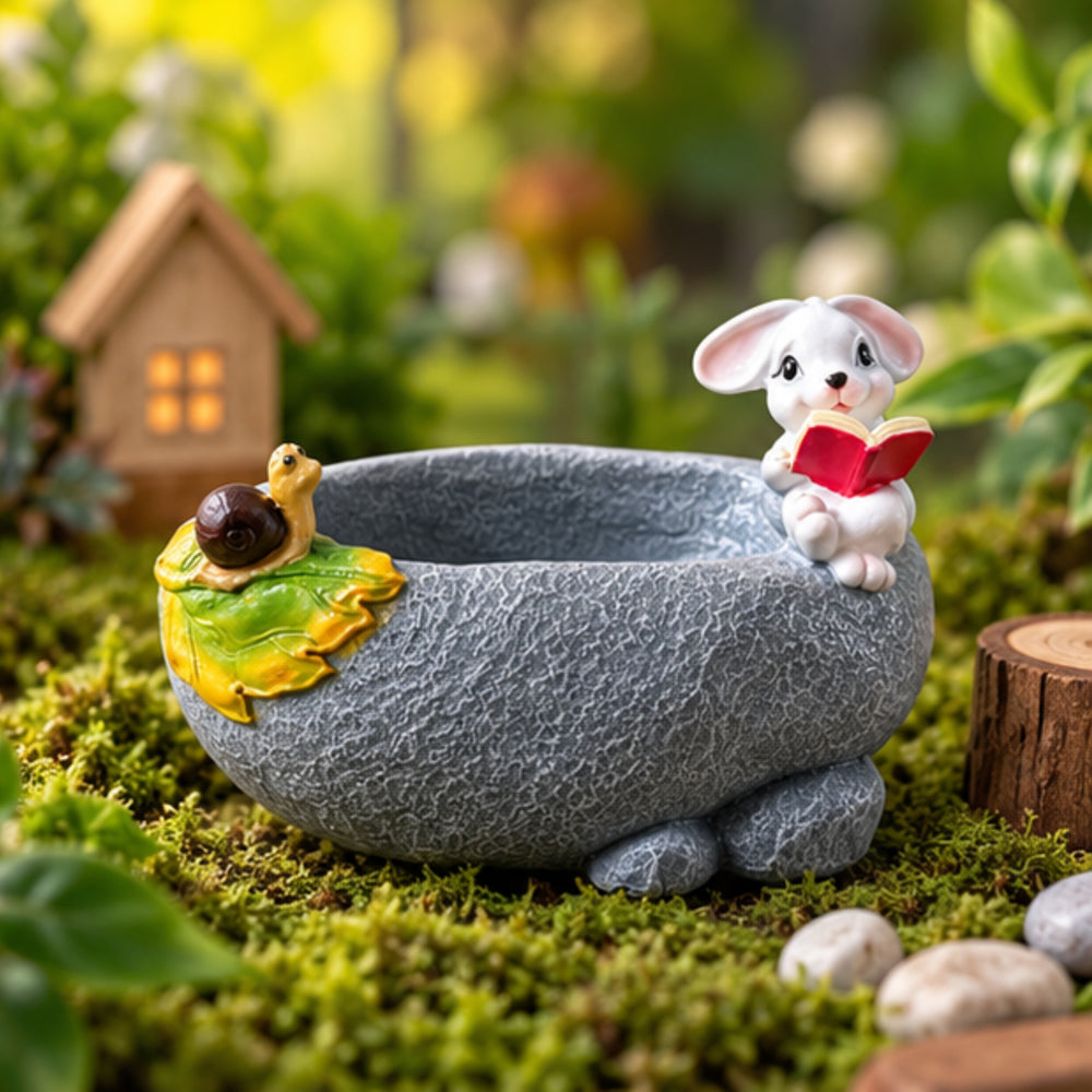 3 Inch Whimsical Reading Bunny & Snail Resin Succulent Planter