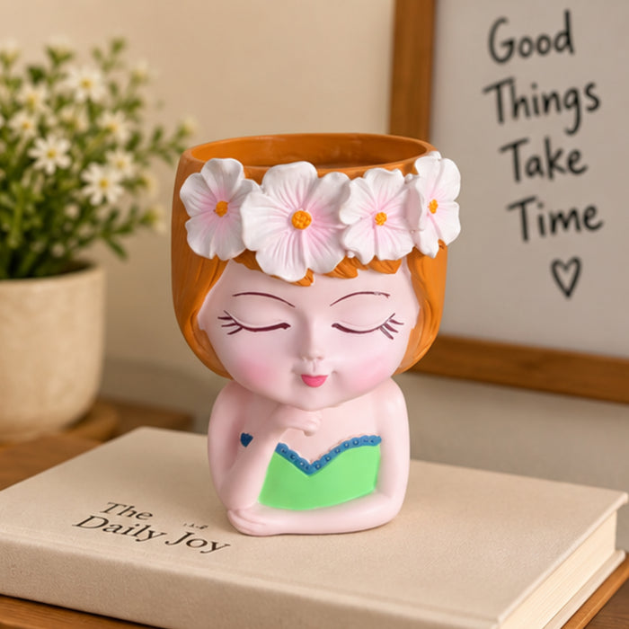 Wonderland 6 inch Whimsical Girl Head Planter –  Pot with Flower Crown & Hand-Painted Detail – Decorative Resin Face Vase for Indoor Plants- 3.5x2.5x6 inch(Plant Not Included)