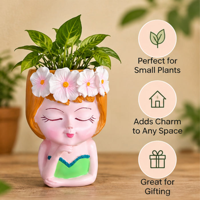 Wonderland 6 inch Whimsical Girl Head Planter –  Pot with Flower Crown & Hand-Painted Detail – Decorative Resin Face Vase for Indoor Plants- 3.5x2.5x6 inch(Plant Not Included)