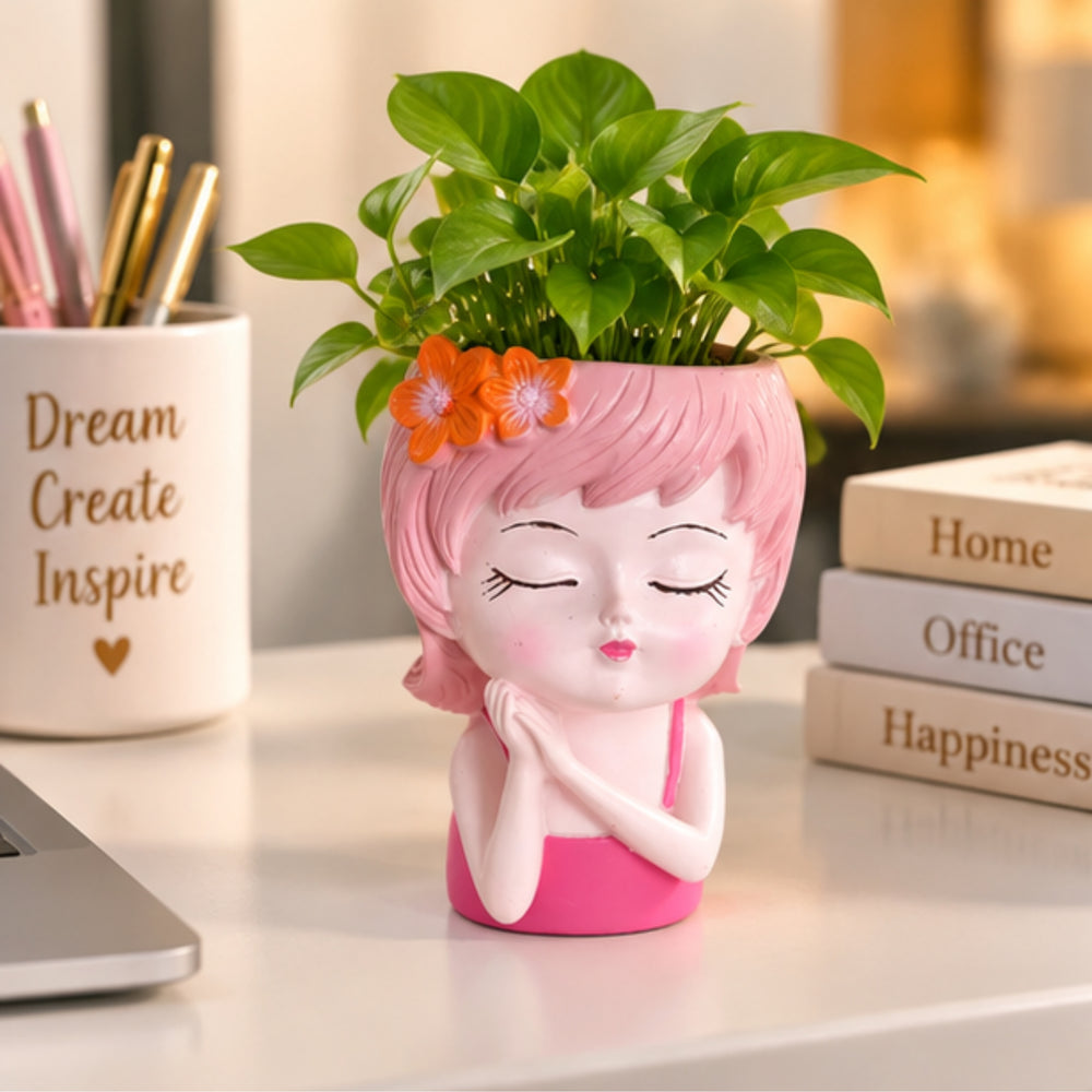 Wonderland 6 Inch Adorable "Dreaming Girl" Resin  Planter – Decorative Pink Head Vase for Indoor Plants, Cute Face Pot for Home & Office Décor- 3.5x2.5x6 inch(Plant Not Included)