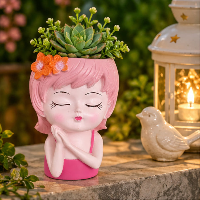 Wonderland 6 Inch Adorable "Dreaming Girl" Resin  Planter – Decorative Pink Head Vase for Indoor Plants, Cute Face Pot for Home & Office Décor- 3.5x2.5x6 inch(Plant Not Included)