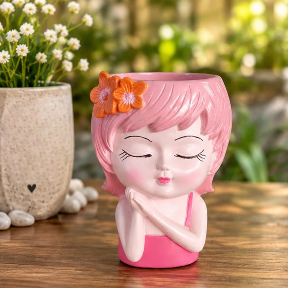 Wonderland 6 Inch Adorable "Dreaming Girl" Resin  Planter – Decorative Pink Head Vase for Indoor Plants, Cute Face Pot for Home & Office Décor- 3.5x2.5x6 inch(Plant Not Included)