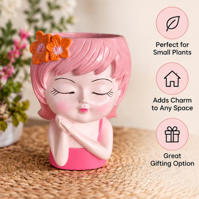 Wonderland 6 Inch Adorable "Dreaming Girl" Resin  Planter – Decorative Pink Head Vase for Indoor Plants, Cute Face Pot for Home & Office Décor- 3.5x2.5x6 inch(Plant Not Included)