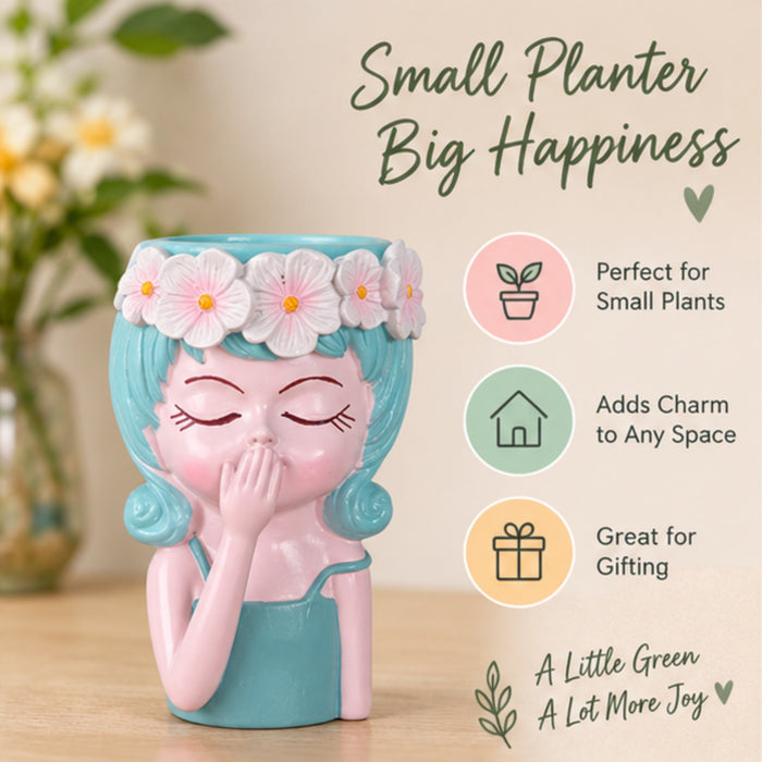 Whimsical 6 Inch Girl" Resin Planter – Decorative Flower Crown Head Pot for Indoor Plants, Cute Hand-Painted Face Vase for Home & Office Décor- 3.5x2.5x6 inch(Plant Not Included)
