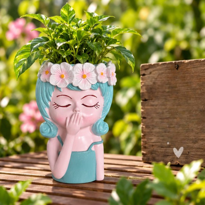 Whimsical 6 Inch Girl" Resin Planter – Decorative Flower Crown Head Pot for Indoor Plants, Cute Hand-Painted Face Vase for Home & Office Décor- 3.5x2.5x6 inch(Plant Not Included)