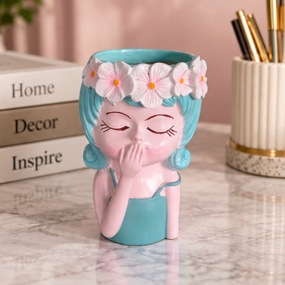 Whimsical 6 Inch Girl" Resin Planter – Decorative Flower Crown Head Pot for Indoor Plants, Cute Hand-Painted Face Vase for Home & Office Décor- 3.5x2.5x6 inch(Plant Not Included)