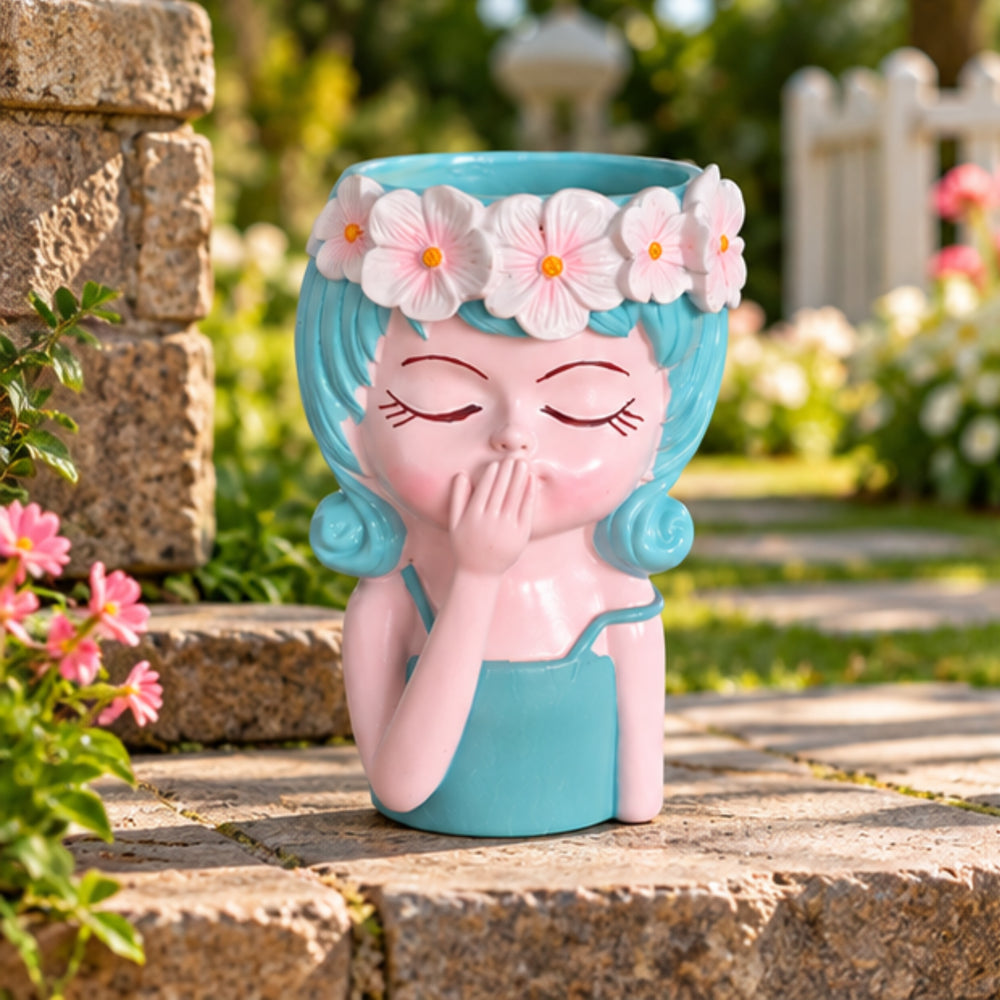Whimsical 6 Inch Girl" Resin Planter – Decorative Flower Crown Head Pot for Indoor Plants, Cute Hand-Painted Face Vase for Home & Office Décor- 3.5x2.5x6 inch(Plant Not Included)