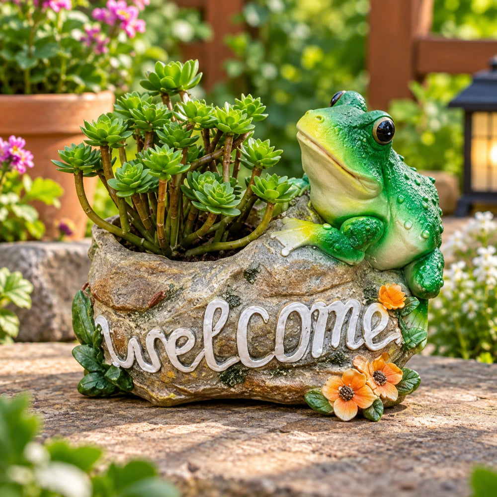 Cute Green Frog Welcome Sign Planter / Succulent Pot for Garden & Patio- Resin