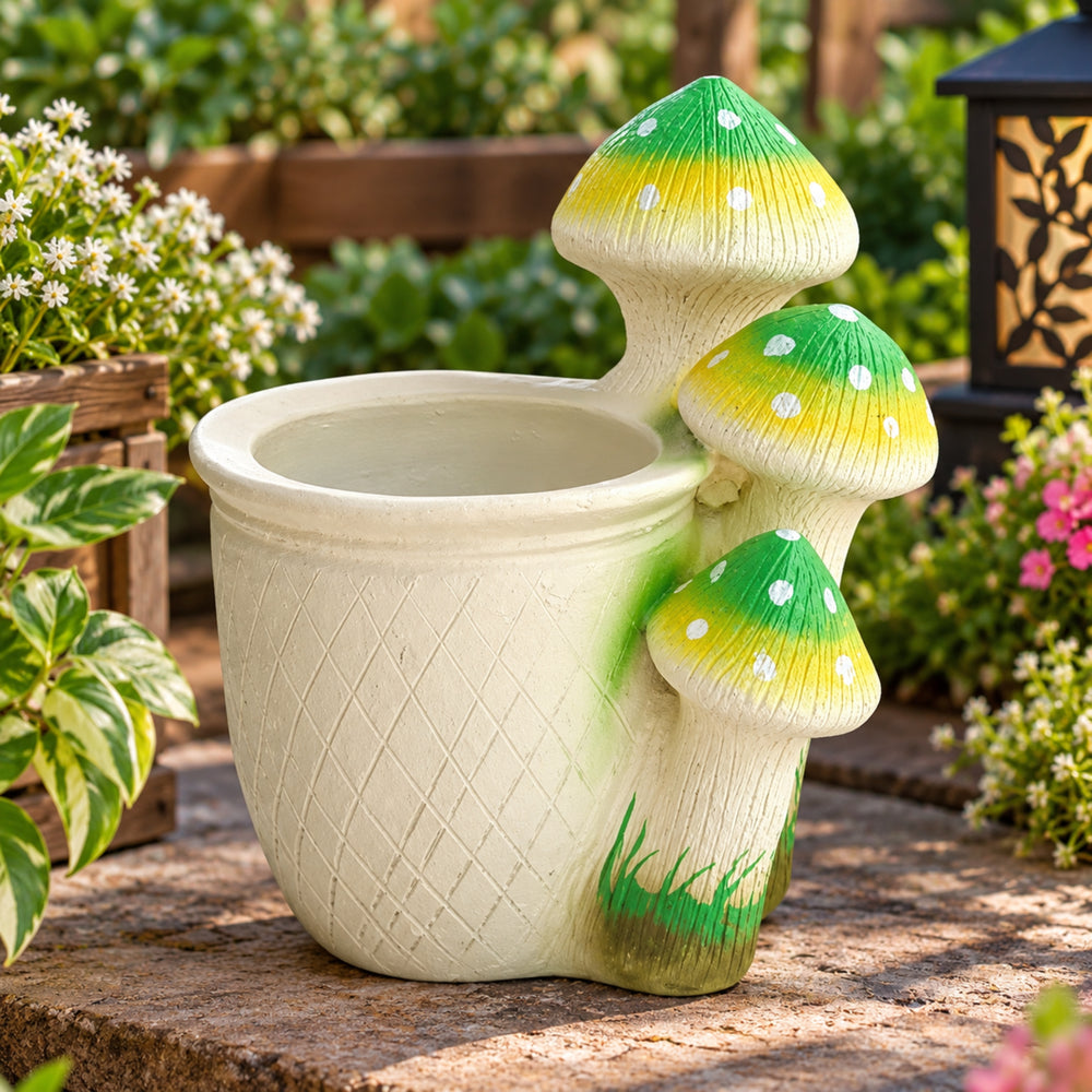 Planter with 3 Green Mushroom Planter, Pot, ( Flower not included) Resin