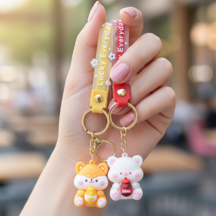 Wonderland Kawaii style ( set of 2) Animal Character Keychains – Cat & Pig Set Keyrings for Bags & Keys