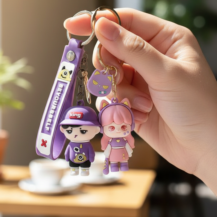 Wonderland Kawaii style ( set of 2) Cute Cartoon Keychains with Strap – Purple King Boy & Pink Cat Girl Set Keyrings for Bags & Keys