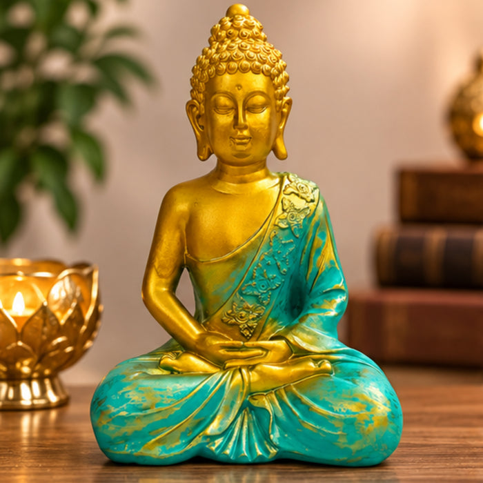 Hand-Painted Gold & Teal Meditating Buddha Showpiece