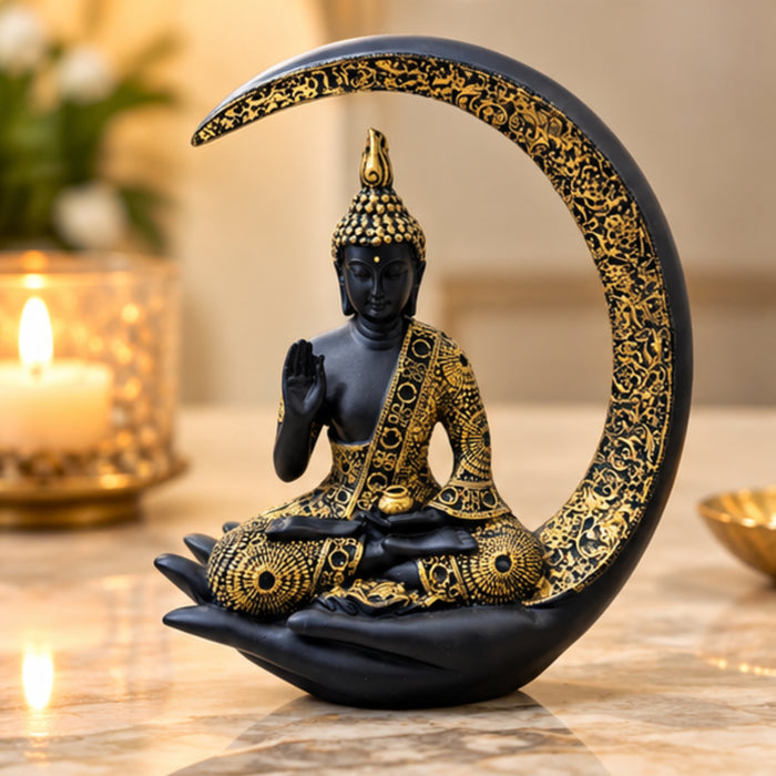 Elegant Black and Gold Meditating Buddha Idol on  Moon & Hand Base