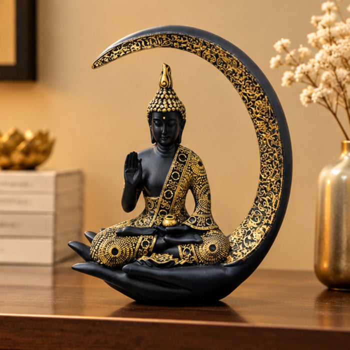 Elegant Black and Gold Meditating Buddha Idol on  Moon & Hand Base
