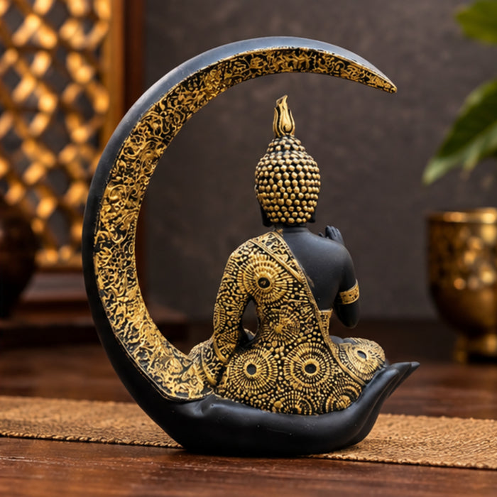 Elegant Black and Gold Meditating Buddha Idol on  Moon & Hand Base