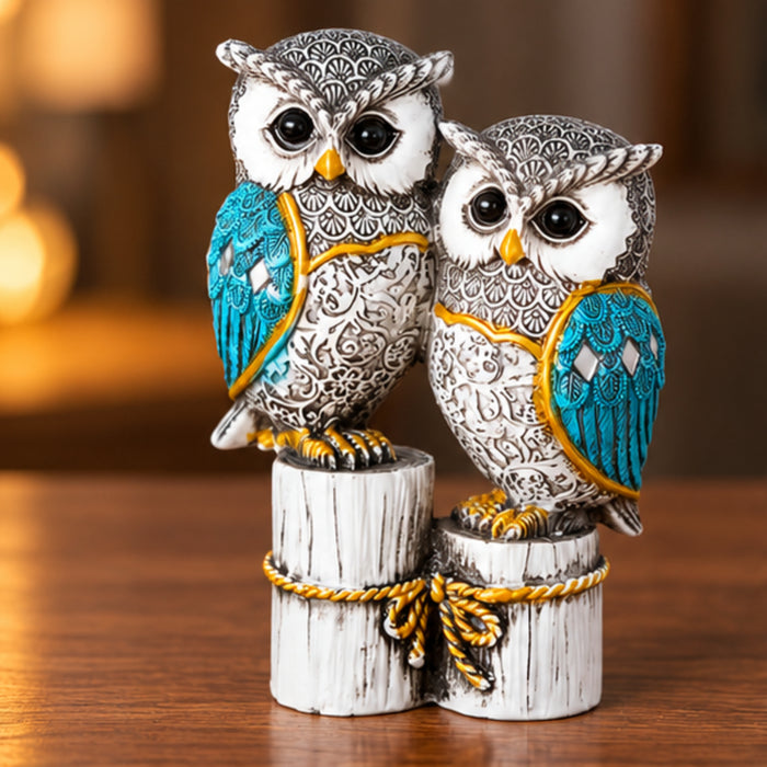 Handcrafted Dual Owl Figurine on Rustic Perch