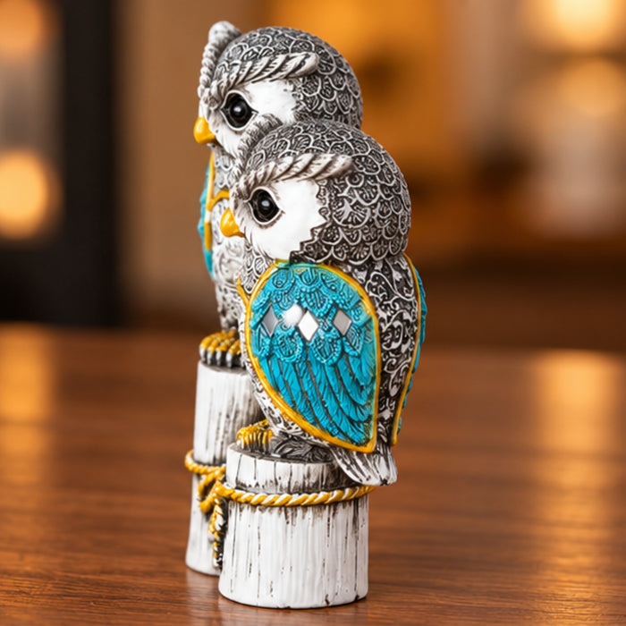 Handcrafted Dual Owl Figurine on Rustic Perch