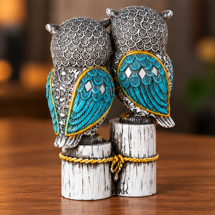 Handcrafted Dual Owl Figurine on Rustic Perch