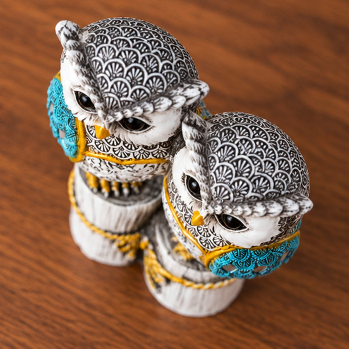 Handcrafted Dual Owl Figurine on Rustic Perch