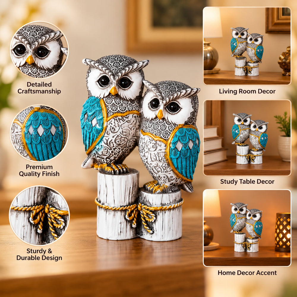 Handcrafted Dual Owl Figurine on Rustic Perch