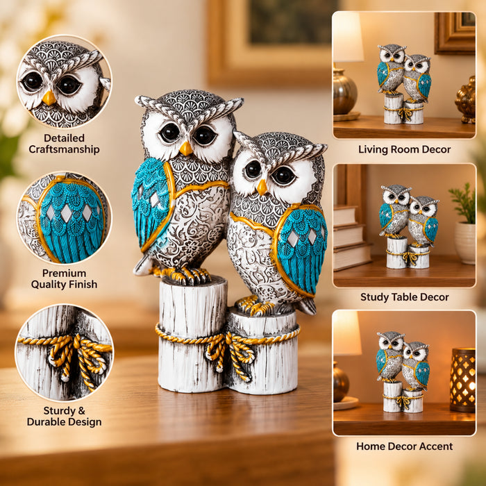Handcrafted Dual Owl Figurine on Rustic Perch