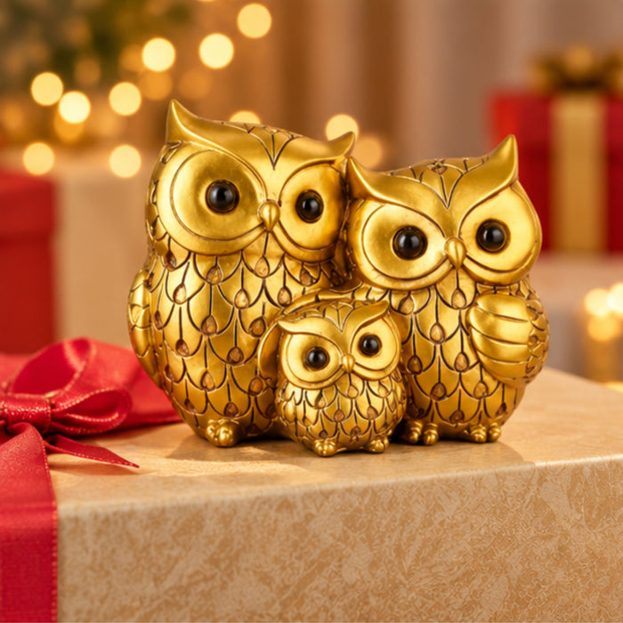 Elegant Golden Owl Family Trio – Set of 3